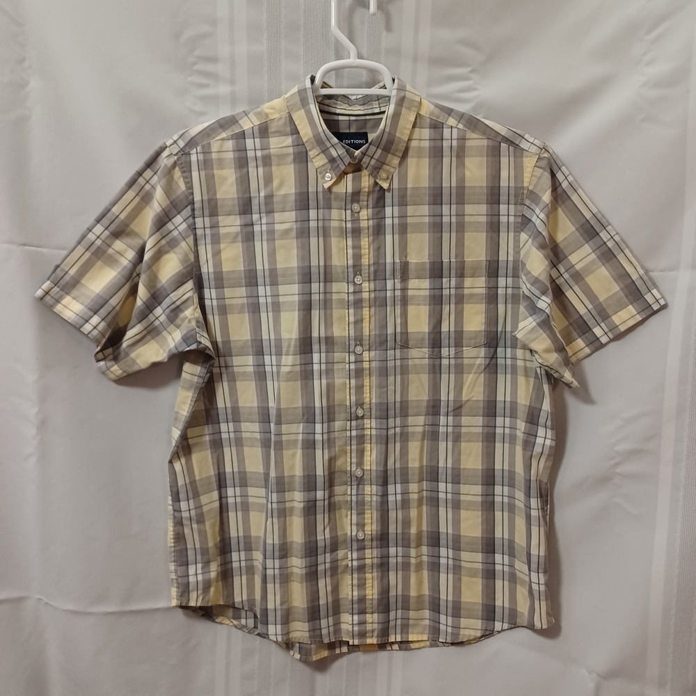 Basic Editions Button Down Mens L Yellow Plaid Easy Care Short Sleeve Srt Pocket